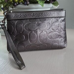 COACH Gray Metallic Signature Leather Wristlet
